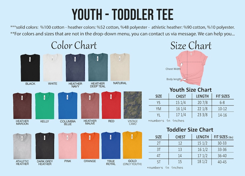 K&ouml;nnte beinhalten: Farbkarte und Gr&ouml;&szlig;entabelle f&uuml;r Jugend- und Kleinkind-T-Shirts. Die Tabelle zeigt verschiedene Farben von T-Shirts, darunter Schwarz, Wei&szlig;, Heather Navy, Heather Deep Teal, Natur, Heather Maroon, Kelly, Columbia Blue, Heather Mauve, Rot, Vintage Camo, Athletic Heather, Dark Grey Heather, Pink, Orange, True Royal und Gold. Die Gr&ouml;&szlig;entabelle zeigt Brust- und L&auml;ngenma&szlig;e in Zoll f&uuml;r Jugendgr&ouml;&szlig;en YS, YM und YL sowie Kleinkindgr&ouml;&szlig;en 2T, 3T, 4T und 5T.