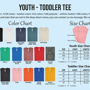May include: A color and size chart for youth and toddler t-shirts. The color chart displays various t-shirt colors, including black, white, navy, and red. The size chart provides measurements in inches for chest and length, with fit sizes for youth and toddler sizes.