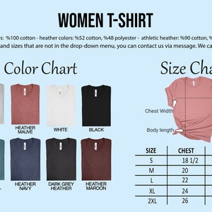 May include: Image of a women's t-shirt color and size chart. The color chart shows various t-shirt colors, including athletic heather, heather mauve, white, and black. The size chart provides chest and length measurements in inches.