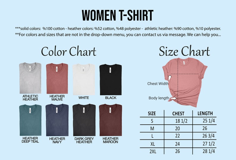 May include: Image of a women's t-shirt color and size chart. The color chart shows various t-shirt colors, including athletic heather, heather mauve, white, and black. The size chart provides chest and length measurements in inches.