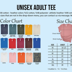 May include: A chart displaying a variety of unisex adult tee shirt colors and sizes. The color chart includes black, navy, red, and other colors. The size chart shows chest and length measurements in inches, ranging from XS to 3XL.