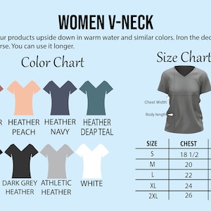 K&ouml;nnte beinhalten: Farbkarte und Gr&ouml;&szlig;entabelle f&uuml;r ein V-Ausschnitt-T-Shirt. Die Farbkarte zeigt 10 verschiedene Farben: Heather Mauve, Heather Peach, Heather Navy, Heather Deep Teal, Schwarz, Dunkelgrau Heather, Athletic Heather, Wei&szlig;, Grau und Hellblau. Die Gr&ouml;&szlig;entabelle zeigt die Brust- und L&auml;ngenma&szlig;e f&uuml;r die Gr&ouml;&szlig;en S, M, L, XL und 2XL.