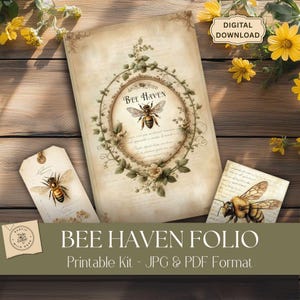 Printable Bee Haven Folio Kit – Vintage Honey Bee Journal Pages – Shabby Chic Digital Ephemera for Junk Journaling