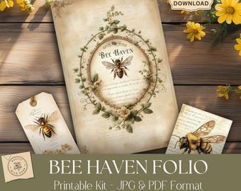 Printable Bee Haven Folio Kit – Vintage Honey Bee Journal Pages – Shabby Chic Digital Ephemera for Junk Journaling