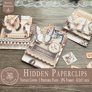 Kit digital de clipes de papel ocultos para café vintage – Imprimível: itens de diário de lixo, etiquetas, bolsos, recortes elaborados e clipart