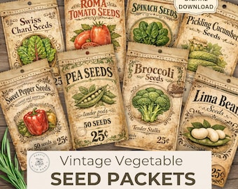 Vintage Vegetable Seed Packets Ephemera, Printable Garden Tags, Junk Journal Botanical Ephemera