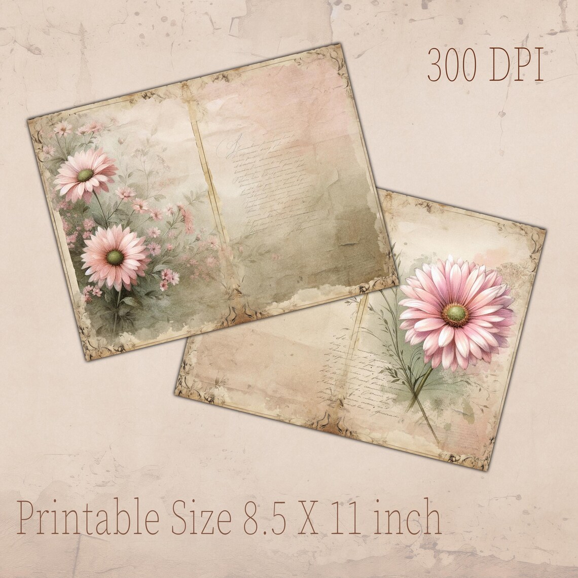 Pink Daisy Junk Journal Pages | Vintage Floral Scrapbook Paper (digital ...