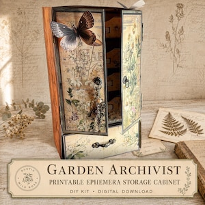 May include: A wooden storage cabinet with two hinged doors and a bottom drawer, featuring botanical illustrations of flowers and a large butterfly on the front. The cabinet includes metal ring pulls and internal shelves for organizing paper ephemera.