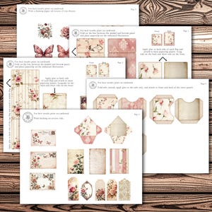 Peut inclure: Ensemble d'&eacute;ph&eacute;m&egrave;res en papier imprimables de style vintage. Les motifs pr&eacute;sentent des fleurs, des papillons et des textures de papier vieilli dans des tons roses, cr&egrave;me et bruns. Comprend des &eacute;tiquettes, des cartes et des enveloppes.