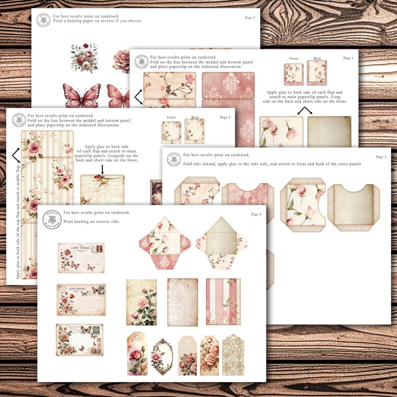 Peut inclure: Ensemble d'&eacute;ph&eacute;m&egrave;res en papier imprimables de style vintage. Les motifs pr&eacute;sentent des fleurs, des papillons et des textures de papier vieilli dans des tons roses, cr&egrave;me et bruns. Comprend des &eacute;tiquettes, des cartes et des enveloppes.