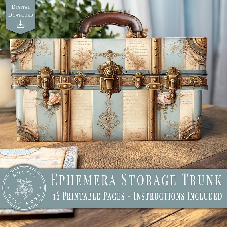 Printable French Country ephemera accordion storage suitcase kit in dusty blue, cream, and blush tones. Includes vintage-inspired suitcase panels, six coordinating folder inserts with toile, damask, and floral designs, matching backing paper, six small pockets, six elegant tags, and three luggage tags. Perfect for organizing and storing journaling supplies, scrapbooking materials, tickets, and keepsakes in a romantic French country style. Digital download for crafting.