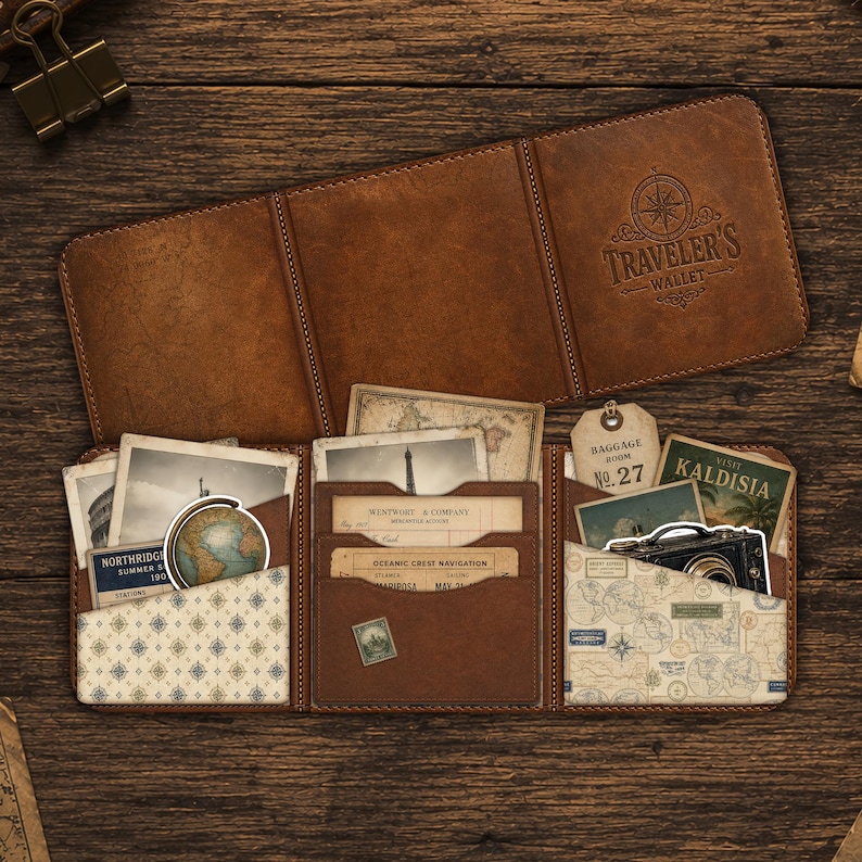 Printable vintage travel wallet kit with ephemera and antique map designs.