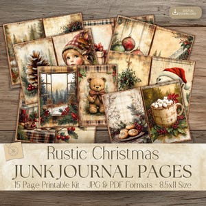 Può includere: Una raccolta di 15 pagine stampabili per junk journal con immagini natalizie rustiche tra cui un orsacchiotto, pigne, ornamenti, una tazza di cioccolata calda con marshmallow e paesaggi invernali con il testo Rustic Christmas JUNK JOURNAL PAGES.