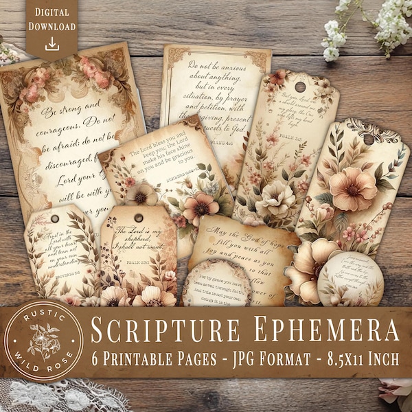 Scripture Scraps Junk Journal Ephemera, Christian Printable, Bible Verse Ephemera, Vintage Religious Scraps, Digital Download for Journaling
