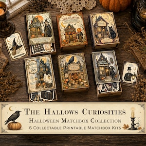 Może przedstawiać: Kolekcja sześciu prostokątnych zestawów pudełek na zapałki zatytułowana The Hallows Curiosities, zawierająca szczegółowe ilustracje o tematyce Halloween przedstawiające sklepy i postacie, takie jak czarownica, dynia, czarny kot, duch, kruk i szkielet.