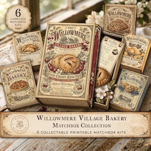 Puede incluir: Un conjunto de 6 kits de cajas de cerillas Willowmere Village Bakery con ilustraciones de estilo vintage de productos horneados como tartas de cereza, cruasanes, tartas de fresa, bollos de limón y magdalenas de arándanos, con texto decorativo.