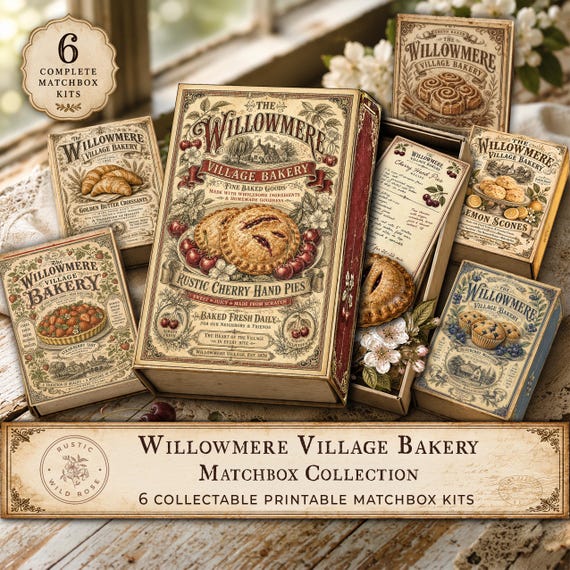 Printable Matchbox Kit, Vintage Ephemera, Recipe Cards, Bakery, Digital Download