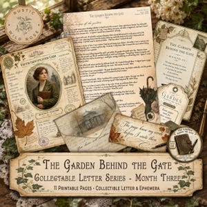 May include: A collection of vintage-style ephemera titled The Garden Behind the Gate, featuring a visitor identification card for Beatrice Ashford, a handwritten letter, an envelope with a building illustration, and a circular tag with a journal.