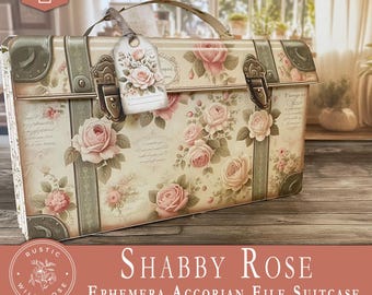 Vintage Shabby Rose Digital Accordion File Suitcase | Printable Ephemera Storage Folder with Inserts, Pockets | Junk Journal Organizer Kit