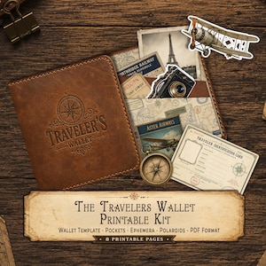 May include: A brown leather-look traveler's wallet featuring a compass logo, containing vintage-style ephemera including a biplane sticker, a camera, a train schedule, and a traveler identification card, with a label reading The Travelers Wallet Printable Kit.
