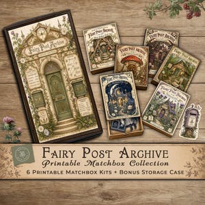 Puede incluir: Una colección de cajas de cerillas imprimibles Fairy Post Archive que incluye un estuche de almacenamiento grande y seis kits individuales. Cada artículo muestra ilustraciones detalladas de edificios de hadas, buzones y elementos naturales.