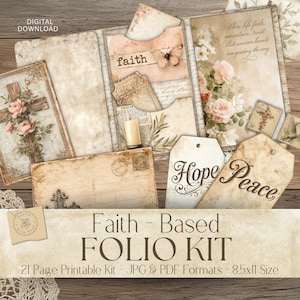 Può includere: Un download digitale di un kit folio a tema fede. Il kit include una varietà di elementi effimeri in stile vintage, come cartoline, etichette con "Hope" e "Peace" e pagine con disegni floreali e a croce. Il kit include anche una pagina con il testo "When life feels uncertain, trust that unseen hands are guiding the way."