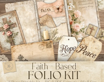 Faith Folio Printable Kit, Shabby Chic Vintage Junk Journal, Christian Ephemera, Scripture Journaling, Tags, Pockets, Postcards