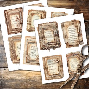 A set of printable layered scripture journal cards featuring vintage-style ephemera with faith-inspired designs. Each card includes elegant floral backgrounds, aged paper textures, delicate lace details, and handwritten scripture passages in ornate fonts. Soft pastel hues of blush, beige, and sage add a timeless, devotional touch. Perfect for junk journaling, scrapbooking, and Bible journaling, these printable scripture cards bring inspiration and beauty to creative projects.