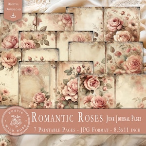 Pagine di diario digitale Junk, rose romantiche, shabby chic, carte stampabili, efemera floreale antica, fogli di carta artigianale