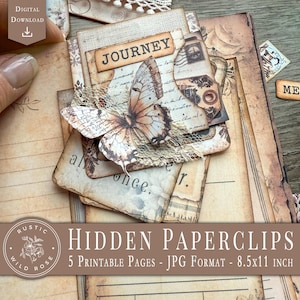 May include: A stack of vintage-style paper ephemera with a butterfly embellishment and the word "JOURNEY". The image includes the text "HIDDEN PAPERCLIPS" and "5 PRINTABLE PAGES - JPG FORMAT - 8.5x11 INCH". The color palette is primarily sepia tones.
