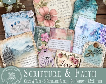 Puede incluir: Una colección de tarjetas y etiquetas digitales imprimibles con ilustraciones florales, paisajes de montaña y textos bíblicos. Los diseños incluyen varias texturas de papel, detalles de encaje y elementos decorativos en tonos azul, rosa y crema.