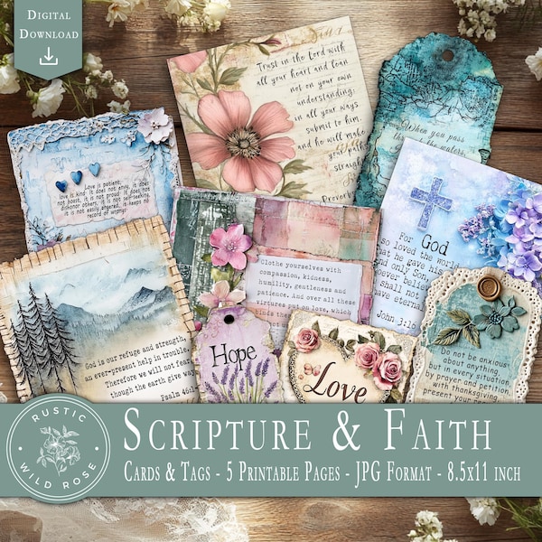 Scripture Journal Cards & Tags – Printable Bible Verse Ephemera – Vintage Faith Digital Download for Junk Journals