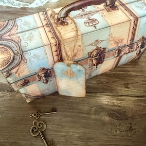 Printable French Country ephemera accordion storage suitcase kit in dusty blue, cream, and blush tones. Includes vintage-inspired suitcase panels, six coordinating folder inserts with toile, damask, and floral designs, matching backing paper, six small pockets, six elegant tags, and three luggage tags. Perfect for organizing and storing journaling supplies, scrapbooking materials, tickets, and keepsakes in a romantic French country style. Digital download for crafting.
