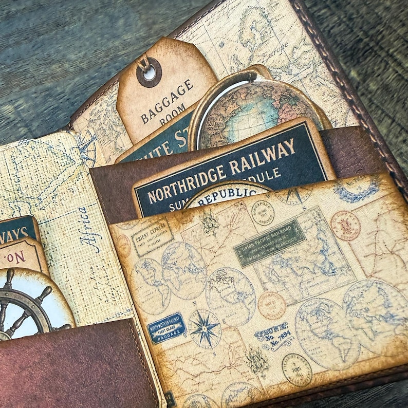 Printable DIY travel wallet kit with vintage maps, travel ephemera, and journaling elements.