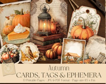 May include: A collection of printable autumn-themed cards, tags, and ephemera featuring illustrations of pumpkins, a lantern on books, a bird, and a slice of pumpkin pie. The text reads Autumn CARDS, TAGS & EPHEMERA 13 Printable Pages - JPG & PDF Format - Page size 8.5 x 11 in.