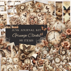 May include: A digital junk journal kit with 98 items featuring vintage clocks, butterflies, and floral designs in shades of brown, beige, and cream. The kit is titled "Grunge Clocks".