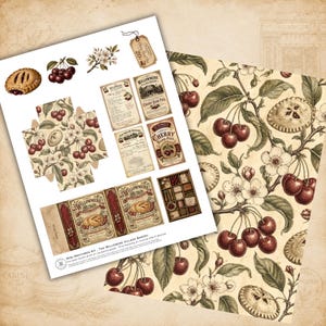 Cherry Hand Pies printable matchbox kit featuring vintage bakery recipe cards, decorative ephemera, clipart, patterned papers, and miniature printable accessories.