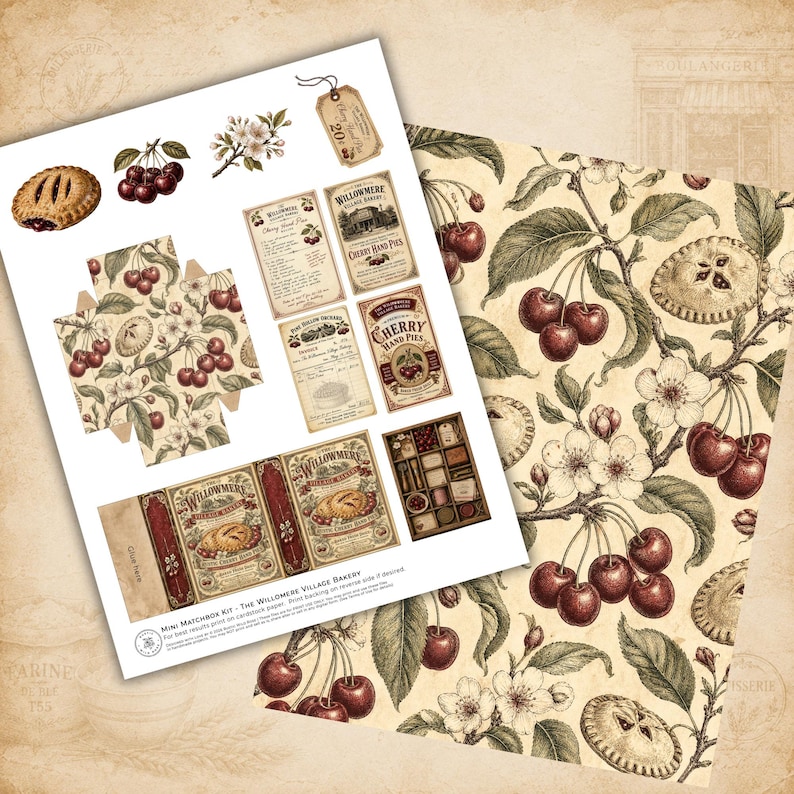 Cherry Hand Pies printable matchbox kit featuring vintage bakery recipe cards, decorative ephemera, clipart, patterned papers, and miniature printable accessories.