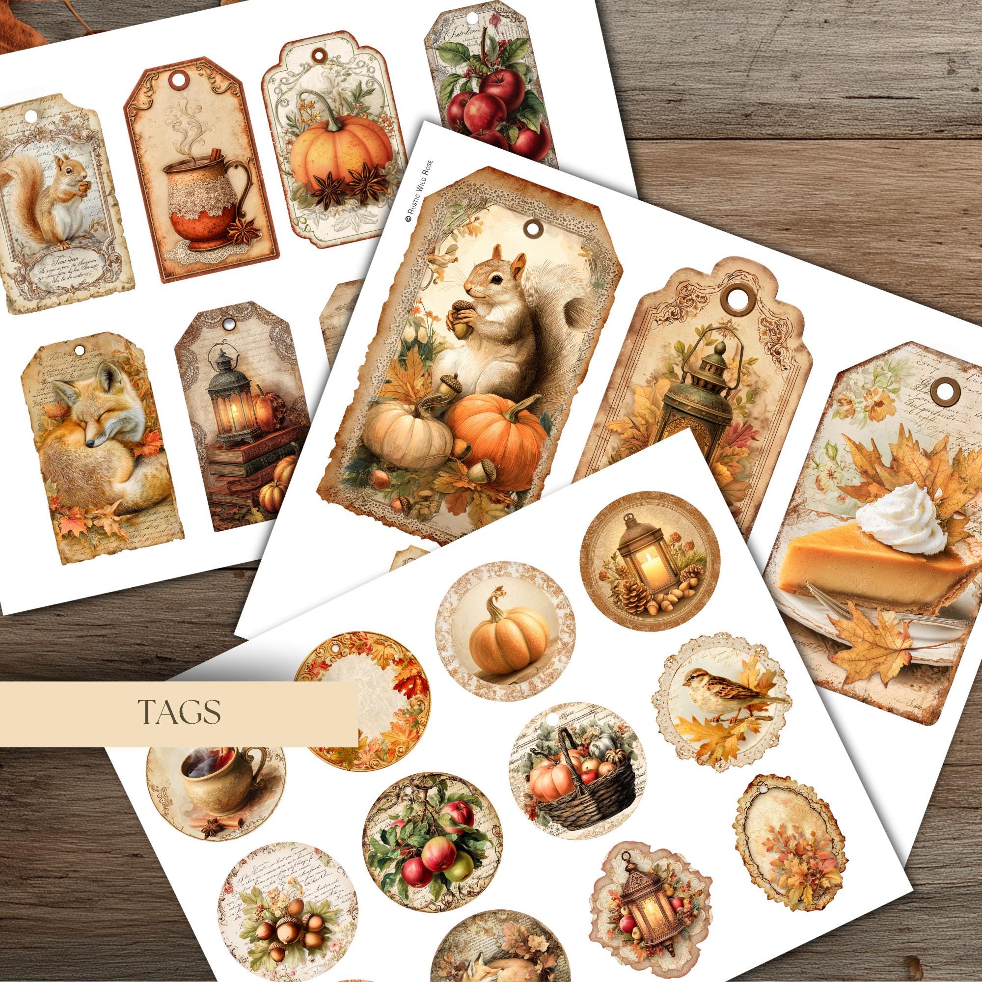 Printable Vintage Autumn Ephemera Kit, Junk Journal Cards, Tags (JPG ...