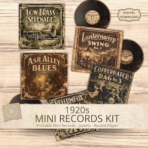 May include: A collection of vintage-style mini record album covers and vinyl records. The album covers feature text such as "Low Brass Serenade," "Ash Alley Blues," and "Copperhatch Rag No 3." The image includes the text "1920s MINI RECORDS KIT."