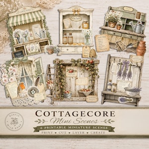 Pode incluir: Um conjunto de seis cenas em miniatura imprimíveis de estilo rústico, com vinhetas ilustradas de um mercado de flores, prateleira de mel, bancada de jardim, janela com um pisco-de-peito-ruivo, parede de colheita de maçãs e um secador de lavanda.