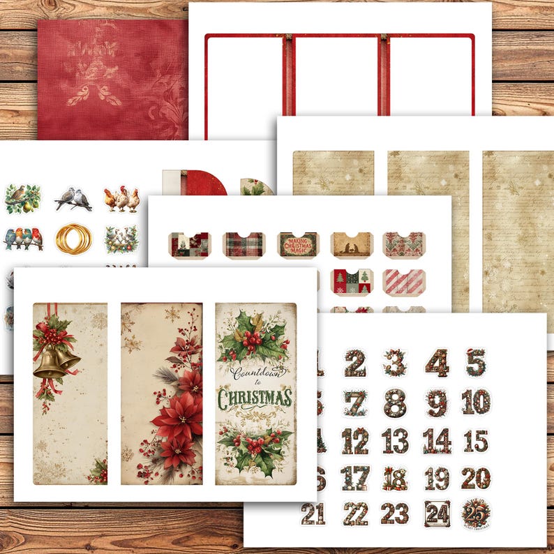 Digital printable Countdown to Christmas trifold folio with a vintage holiday design, featuring three folding panels, decorative pockets, envelopes, and tuck spots. Includes numbered tags 1–25 for advent countdown use, distressed backgrounds with holly, poinsettias, and snowflakes. Perfect for junk journaling, scrapbooking, advent activities, and DIY holiday crafts. Print, cut, and assemble at home for a festive keepsake.
