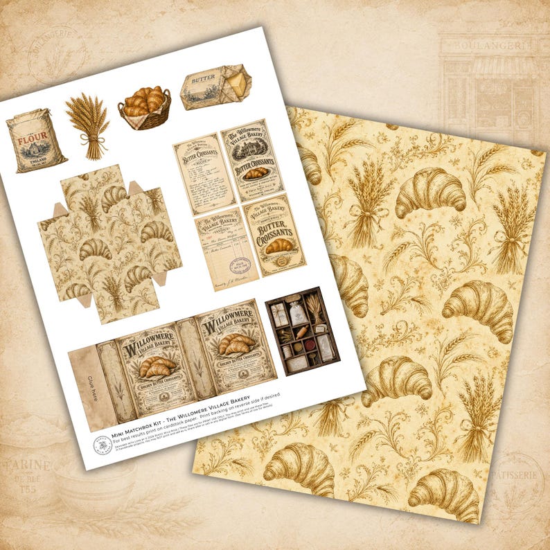 Butter Croissants printable matchbox kit with vintage recipe cards, bakery clipart, decorative drawer, patterned papers, and collectible paper crafting elements.