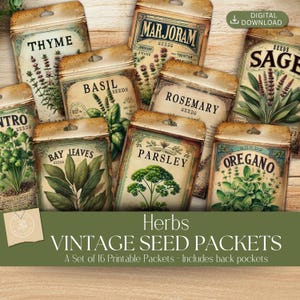 Vintage Herb Seed Packets – Printable Botanical Labels – Digital Junk Journal Ephemera for Garden & Apothecary Crafts