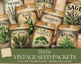 Vintage Herb Seed Packets – Printable Botanical Labels – Digital Junk Journal Ephemera for Garden & Apothecary Crafts