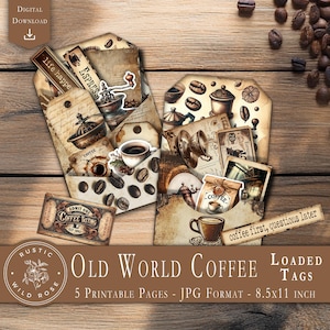 Etiquetas de bolso carregadas digitalmente | Tema de café do velho mundo | Ephemera vintage imprimível para diários de lixo e scrapbooking