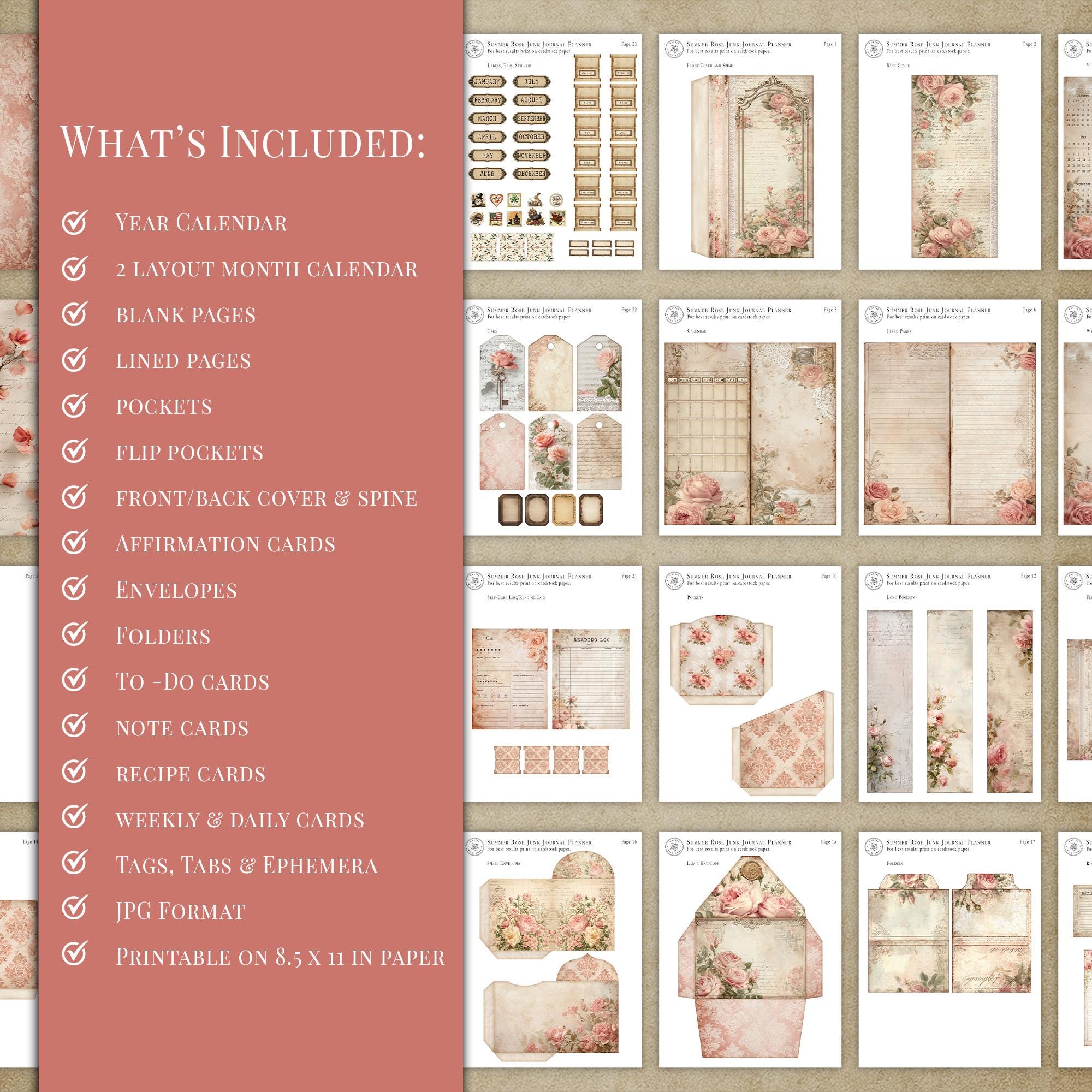 Vintage Rose Junk Journal Kit | Printable Pages and Ephemera | Digital ...
