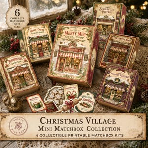 May include: A collection of six Christmas village matchbox kits featuring illustrated storefronts like The Merry Mug Cocoa Shop, Holly & Crumb Christmas Bakery, Peppermint Lane Sweet Shop, Sugarplum Pastries, Cinnamon & Spice, and The Pudding Parlour.