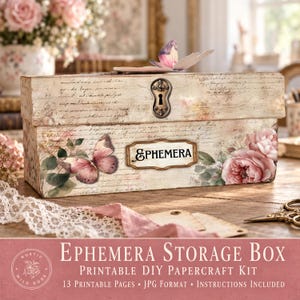 Printable Ephemera Storage Box, DIY Paper Craft Template, Shabby Chic Keepsake Organizer, Digital,   Scrapbooking, and Paper Crafts