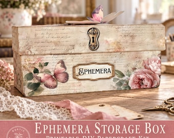 Printable Ephemera Storage Box, DIY Paper Craft Template, Shabby Chic Keepsake Organizer, Digital,   Scrapbooking, and Paper Crafts